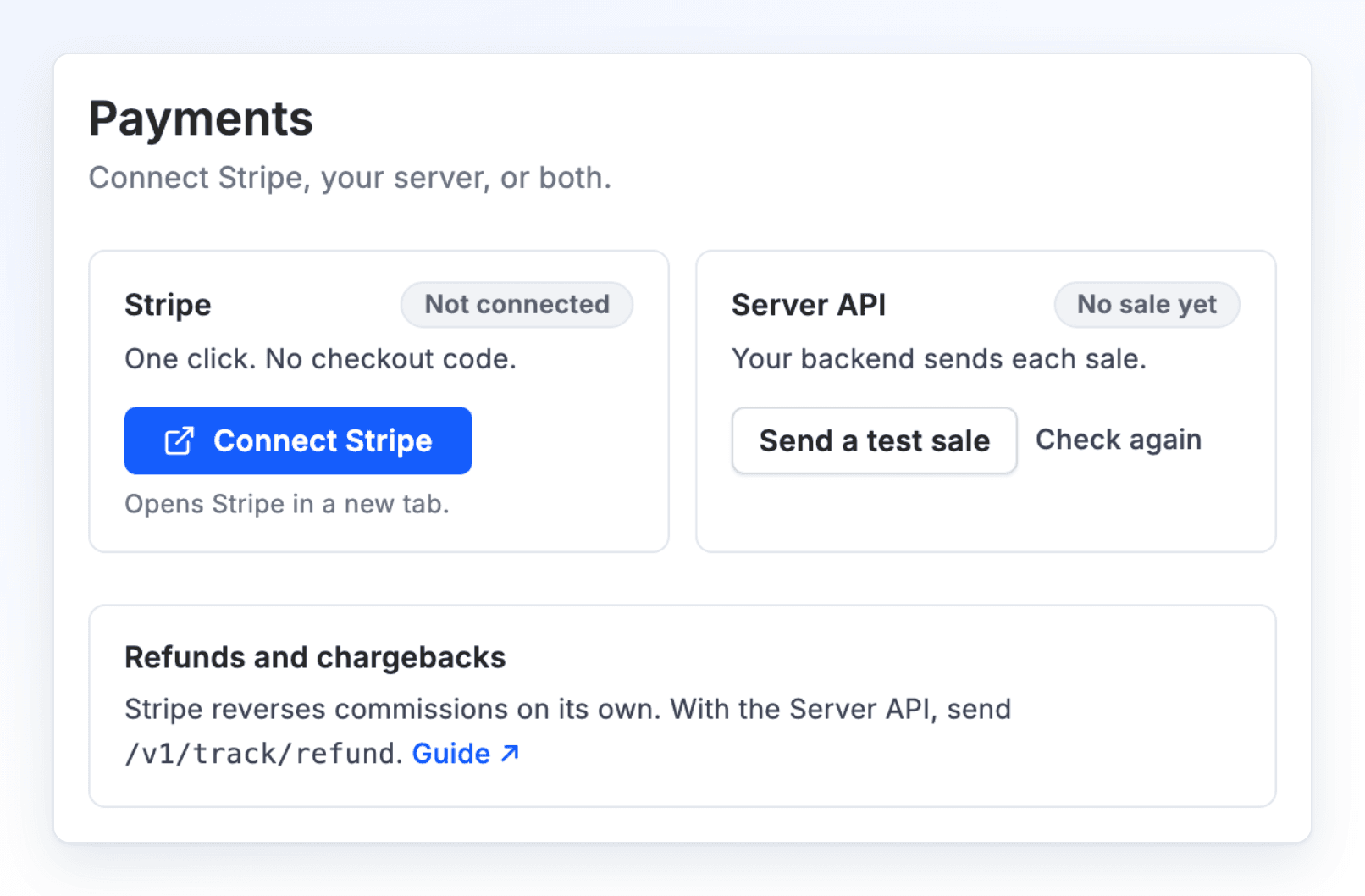 Program settings, Payments, before anything is set up: the Stripe card says Not connected, with a Connect Stripe button that opens Stripe in a new tab. The Server API card beside it has no sale yet.