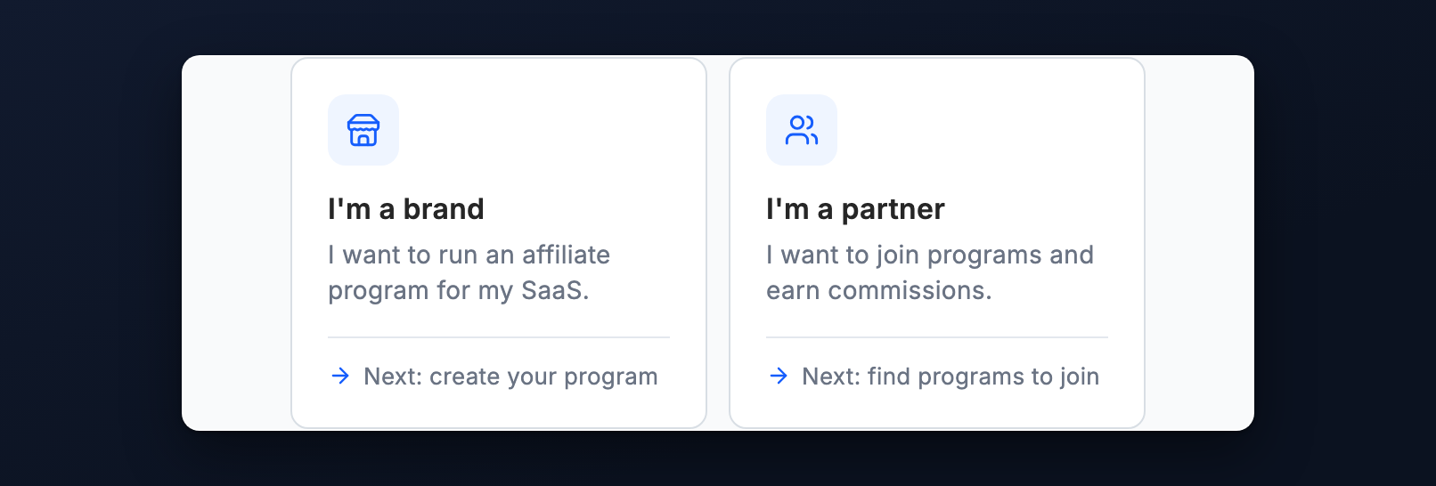 The sign-up choice with two cards: I'm a brand and I'm a partner